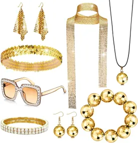 10 Pcs 70s Disco Accessories for Women Sequin Scarf Headband Shiny Tennis Bracelet Ball Necklace Earring Sun Glasses Disco Costume Set