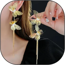 14K Gold Butterfly Tassel Dangle Drop Earrings, Trendy Boho Large Line Chain Formal Earrings, Big Flying Insect Statement Jewelry Gift