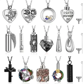 15 Pcs Urn Necklace for Ashes Keepsake Cremation Jewelry Stainless Steel Cross Heart Cubic Locket Ashes Necklace