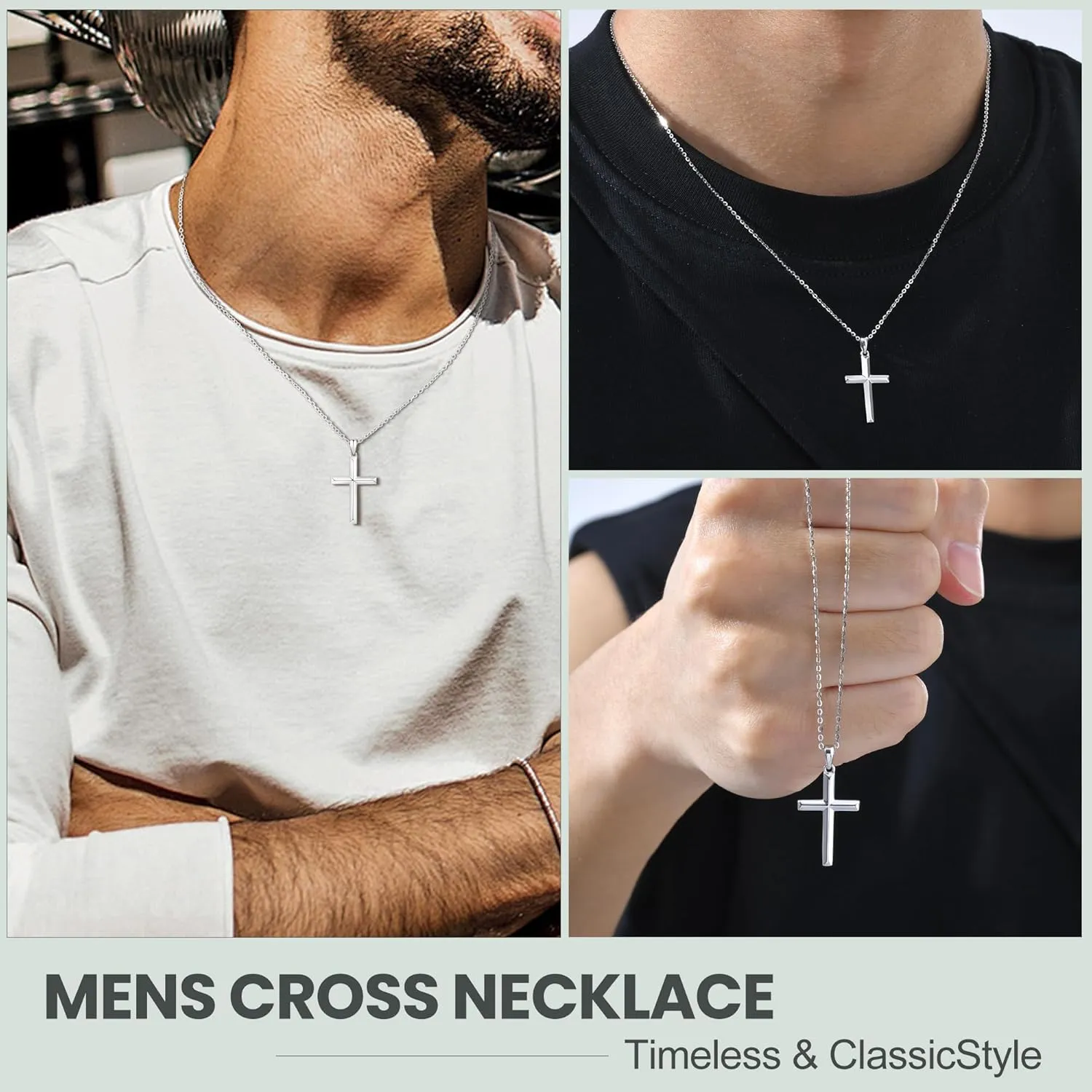 925 Sterling Silver Cross Necklace for Men - Silver Small Cross Pendant Necklaces for Dad/Son/Grandson/Brother Simple Christian Faith Religious Gifts Easter Birthday Confirmation Baptism