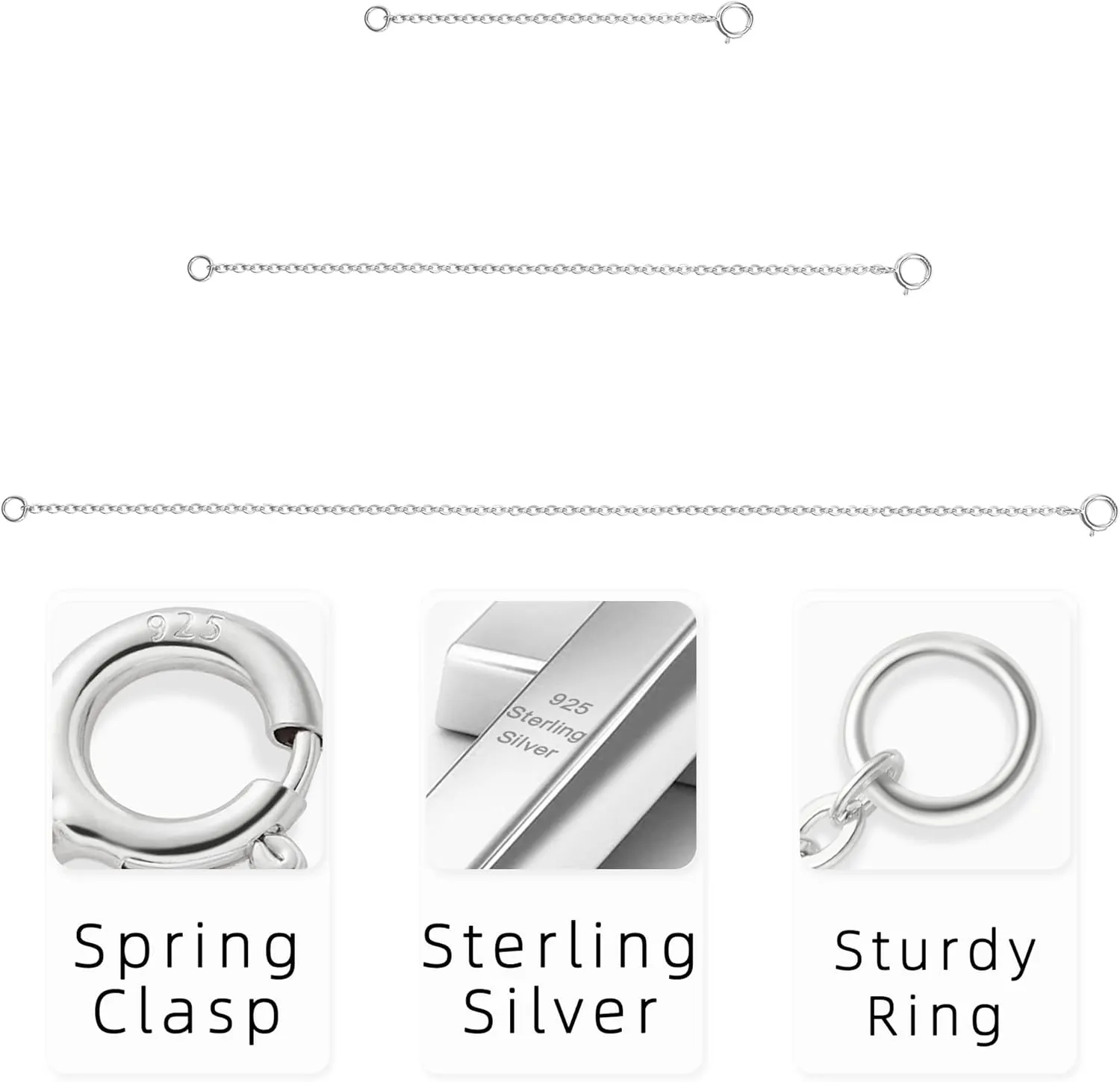 925 Sterling Silver Necklace Extender Sterling Silver Necklace Chain Extenders for Women Chain Bracelet Anklet Jewelry Extension for Necklaces, 3 Piece Set (2, 4, 6 Inches)