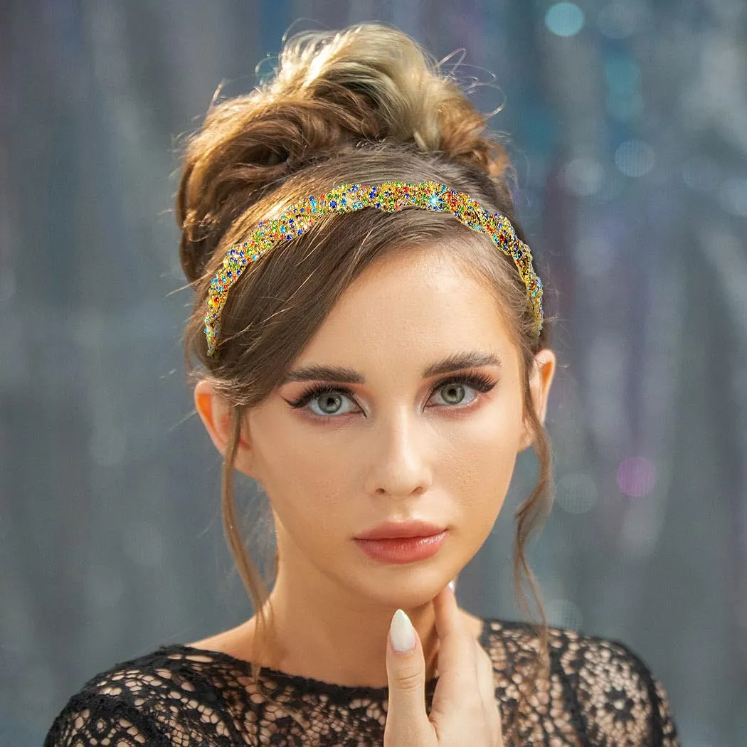 Barode Rhinestone Headband Colorful Head Chain Jewelry Sparkly Elastic Gold Hairband Forehead Crystal Braided Bands for Women
