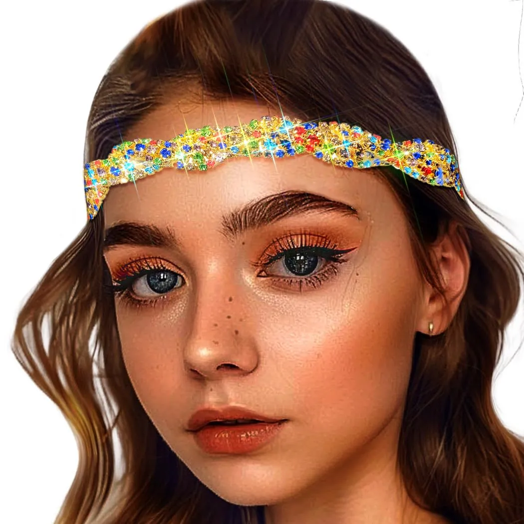 Barode Rhinestone Headband Colorful Head Chain Jewelry Sparkly Elastic Gold Hairband Forehead Crystal Braided Bands for Women