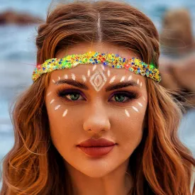 Barode Rhinestone Headband Colorful Head Chain Jewelry Sparkly Elastic Gold Hairband Forehead Crystal Braided Bands for Women
