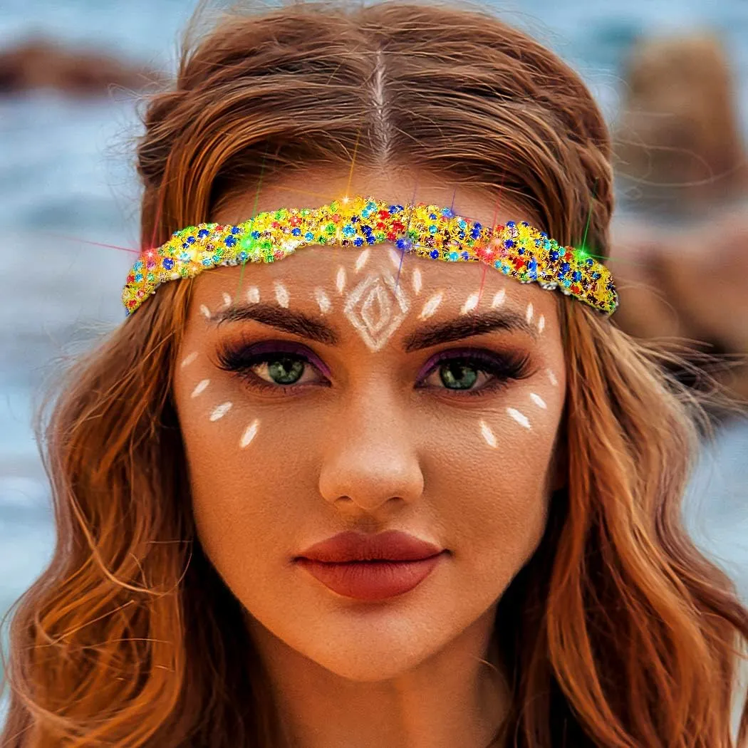 Barode Rhinestone Headband Colorful Head Chain Jewelry Sparkly Elastic Gold Hairband Forehead Crystal Braided Bands for Women