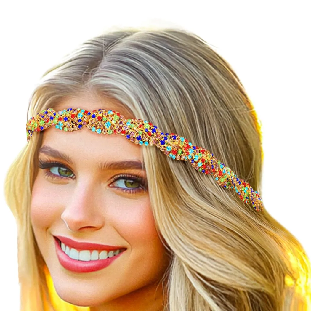 Barode Rhinestone Headband Colorful Head Chain Jewelry Sparkly Elastic Gold Hairband Forehead Crystal Braided Bands for Women