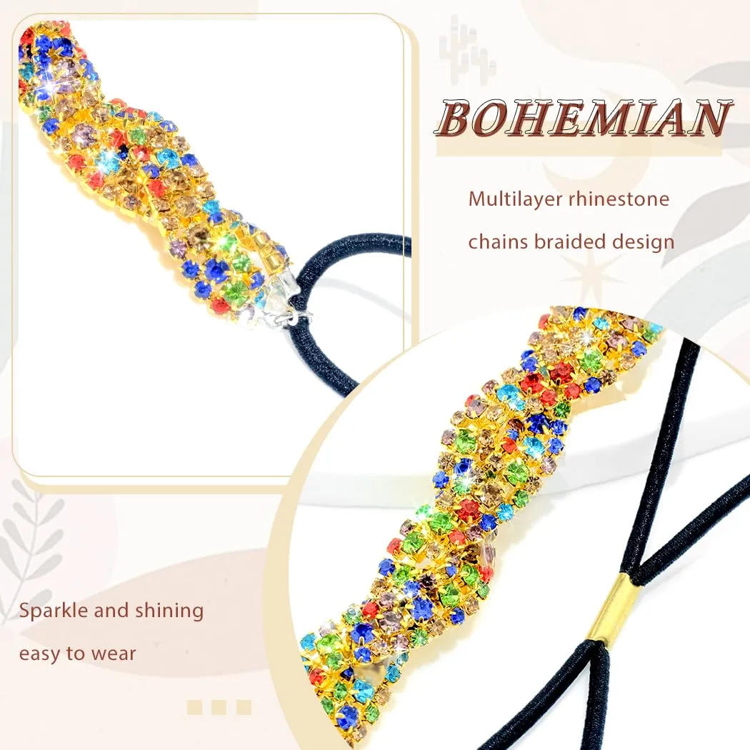 Barode Rhinestone Headband Colorful Head Chain Jewelry Sparkly Elastic Gold Hairband Forehead Crystal Braided Bands for Women