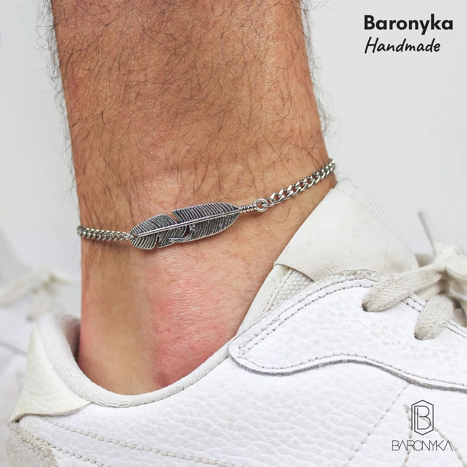 Baronyka Men's Handcrafted Anklet, Wax Cord, Stainless Steel, Adjustable Length, Durable for Everyday Wear and Modern Look (Silver Feather)