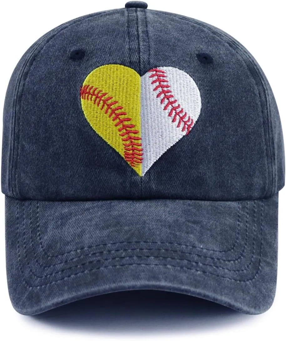 Baseball Softball Hat for Women, Funny Adjustable Cotton Sport Heart Baseball Cap