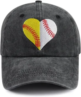 Baseball Softball Hat for Women, Funny Adjustable Cotton Sport Heart Baseball Cap