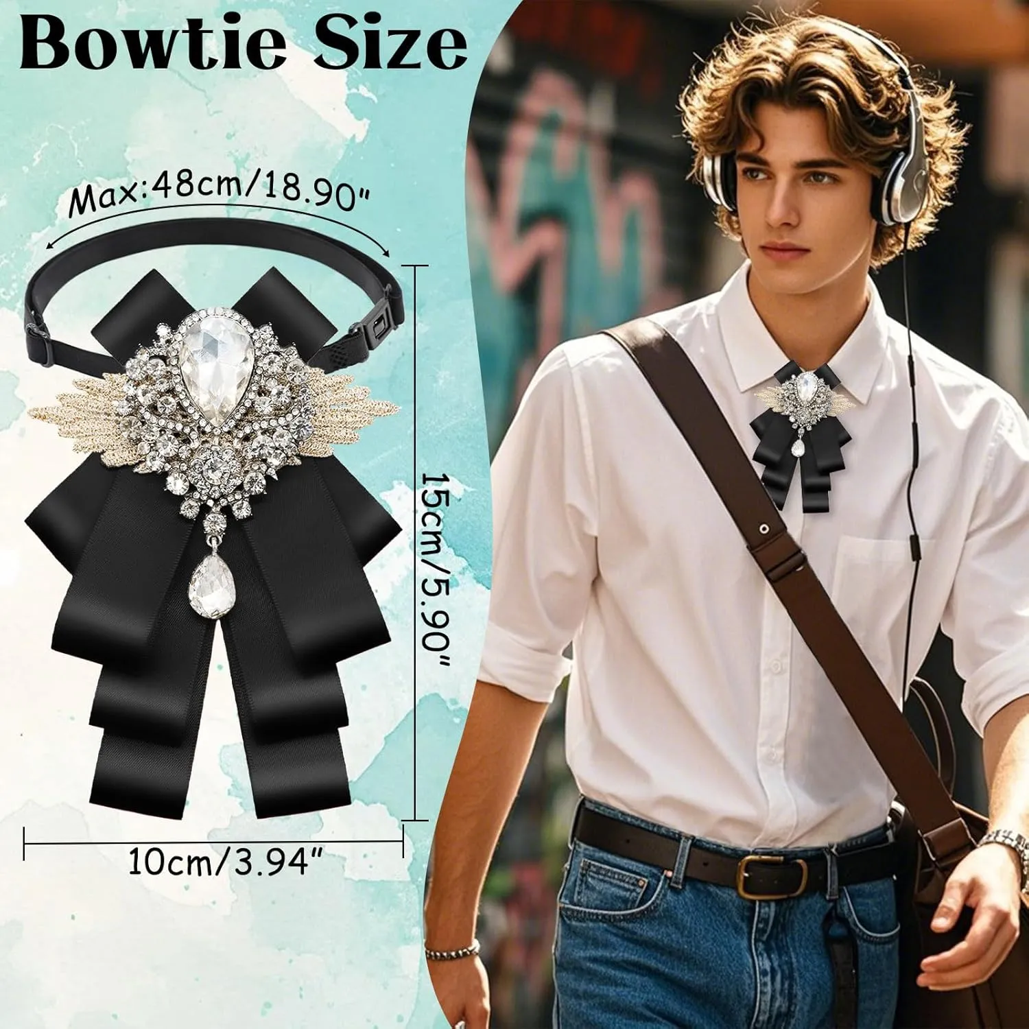 Bow Ties for Men Women Adjustable Rhinestone Bow Tie, Pre-tied Satin Bowtie for Women School Business Party Wedding