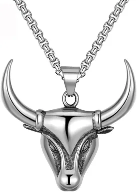 Bull Head Necklace for Men Stainless Steel Silver Cool Aesthetic Trendy Western Animal Cattle Horns Bull Head Pendant Necklace Hypoallergenic Non Tarnish Jewelry