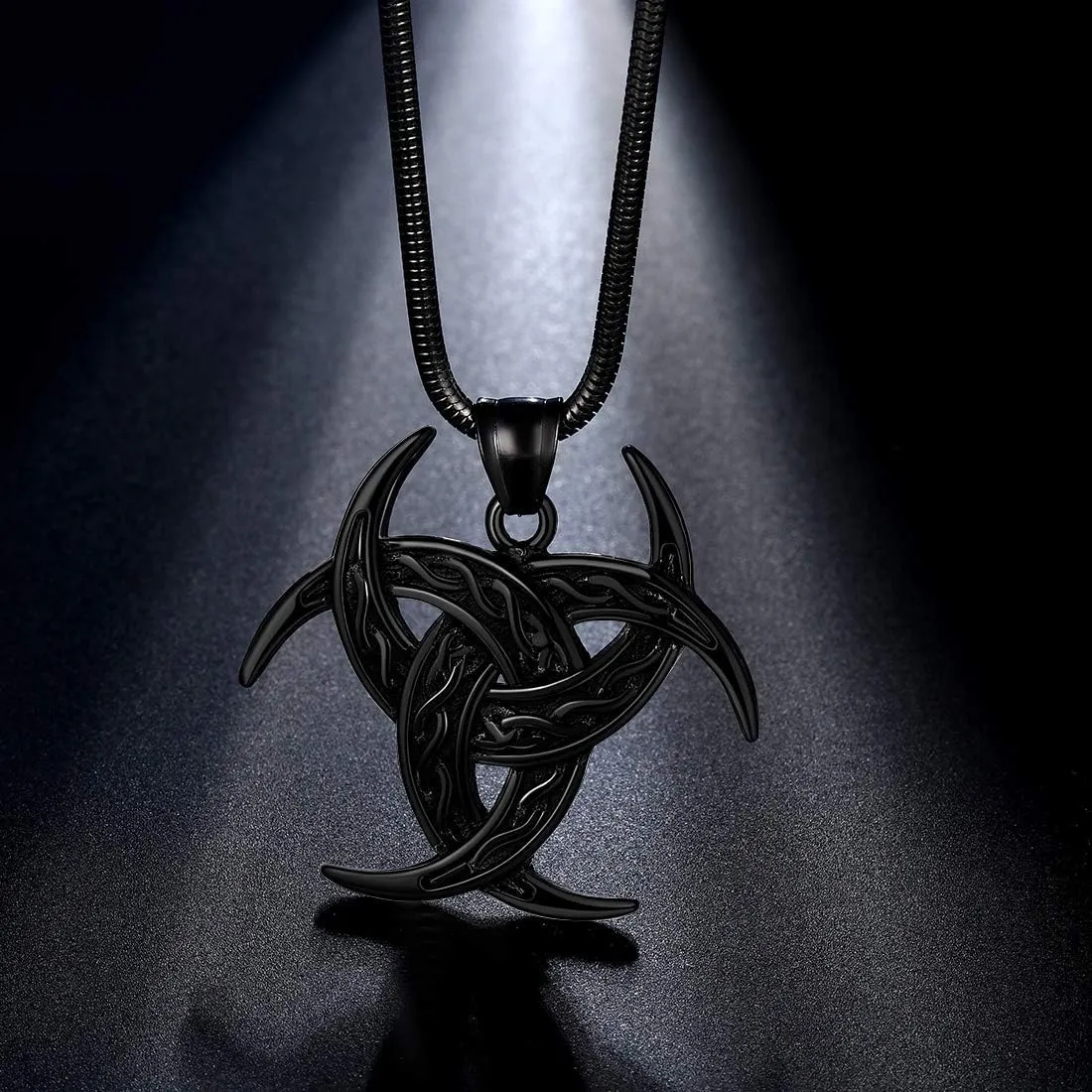Celtic Knot Necklace Viking Pendant - Celtic Norse Triple Odin Horns Crescent Moon of Oden Horn Necklace Mens 316L Stainless Steel Triskelion Amulet Pewter Tribal Protection Viking Triskele Jewelry