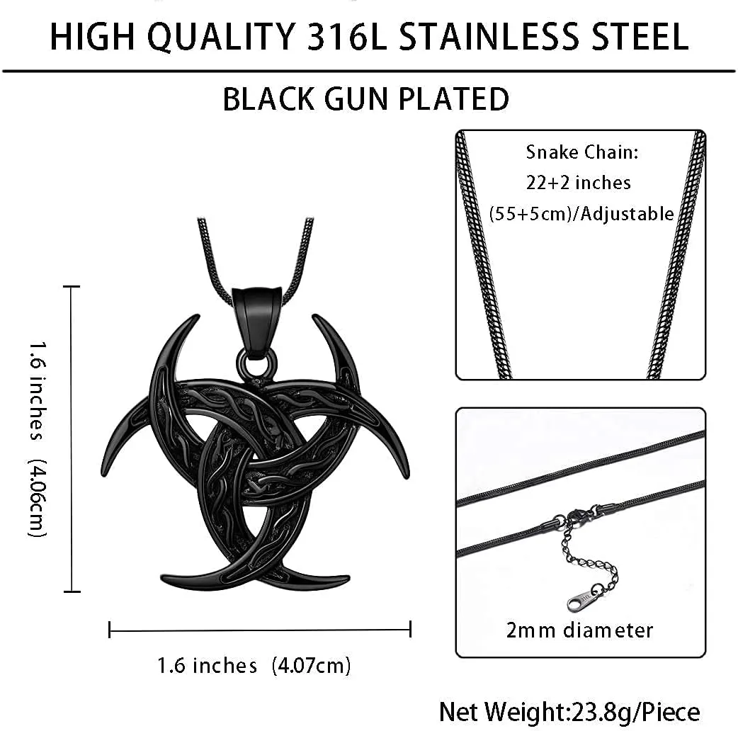 Celtic Knot Necklace Viking Pendant - Celtic Norse Triple Odin Horns Crescent Moon of Oden Horn Necklace Mens 316L Stainless Steel Triskelion Amulet Pewter Tribal Protection Viking Triskele Jewelry
