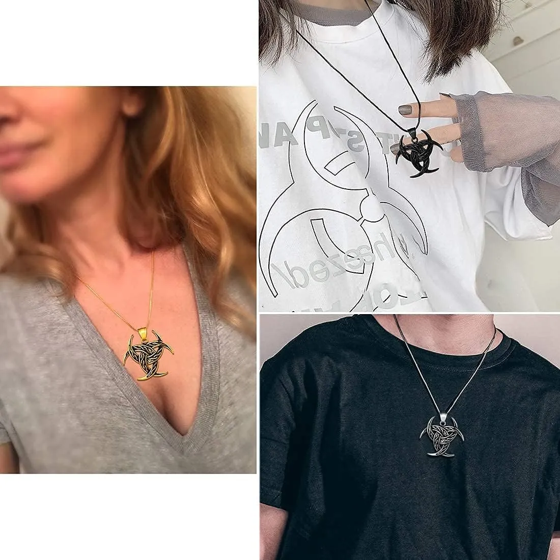 Celtic Knot Necklace Viking Pendant - Celtic Norse Triple Odin Horns Crescent Moon of Oden Horn Necklace Mens 316L Stainless Steel Triskelion Amulet Pewter Tribal Protection Viking Triskele Jewelry