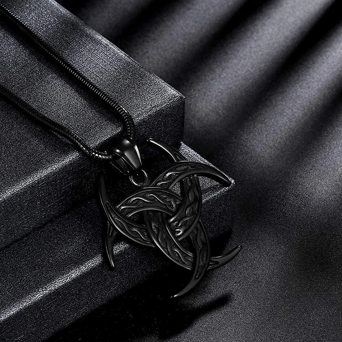 Celtic Knot Necklace Viking Pendant - Celtic Norse Triple Odin Horns Crescent Moon of Oden Horn Necklace Mens 316L Stainless Steel Triskelion Amulet Pewter Tribal Protection Viking Triskele Jewelry