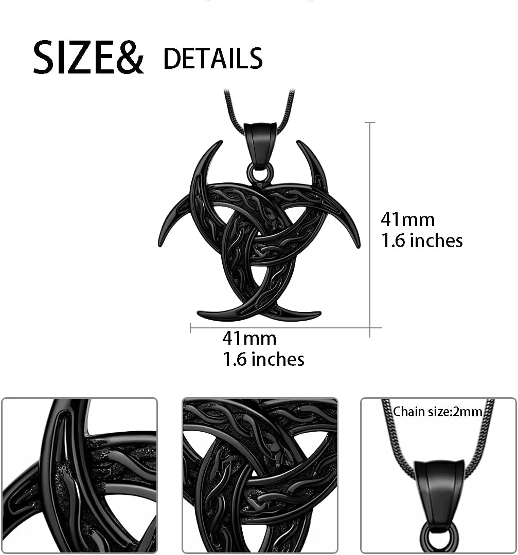 Celtic Knot Necklace Viking Pendant - Celtic Norse Triple Odin Horns Crescent Moon of Oden Horn Necklace Mens 316L Stainless Steel Triskelion Amulet Pewter Tribal Protection Viking Triskele Jewelry