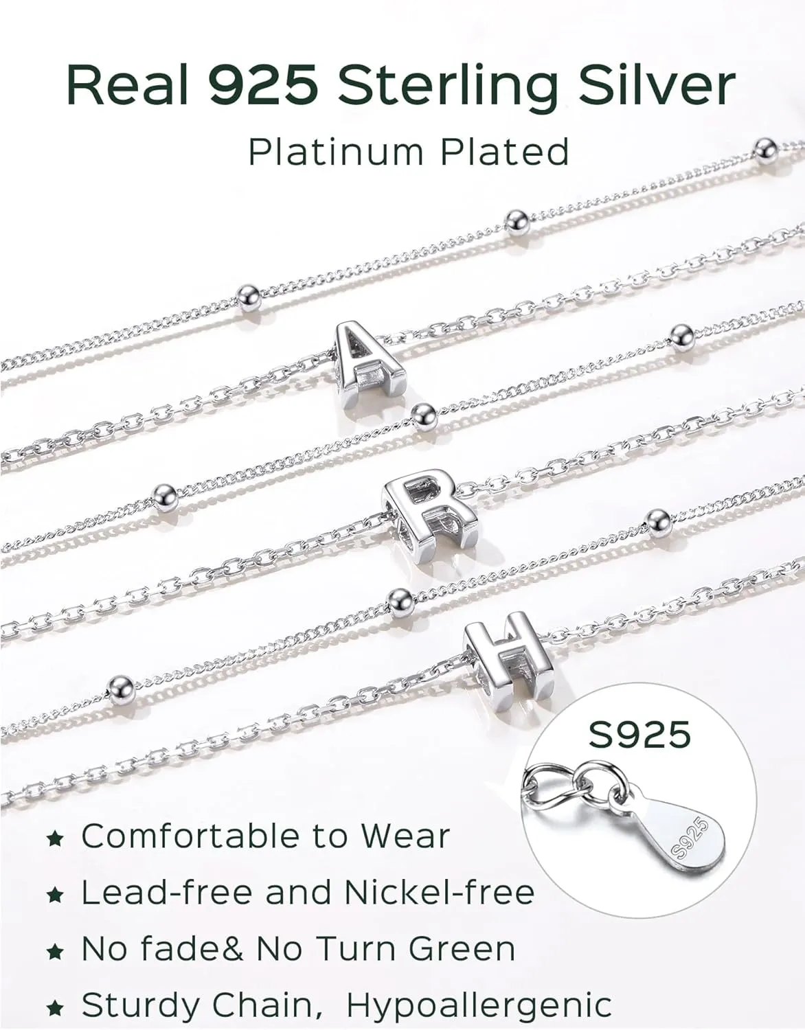ChicSilver Ankle Bracelets for Women Waterproof, 925 Sterling Silver Initial Anklets for Women, Adjustable Dainty Layered Anklet Beach Jewelry for Women Mom Wife Friend