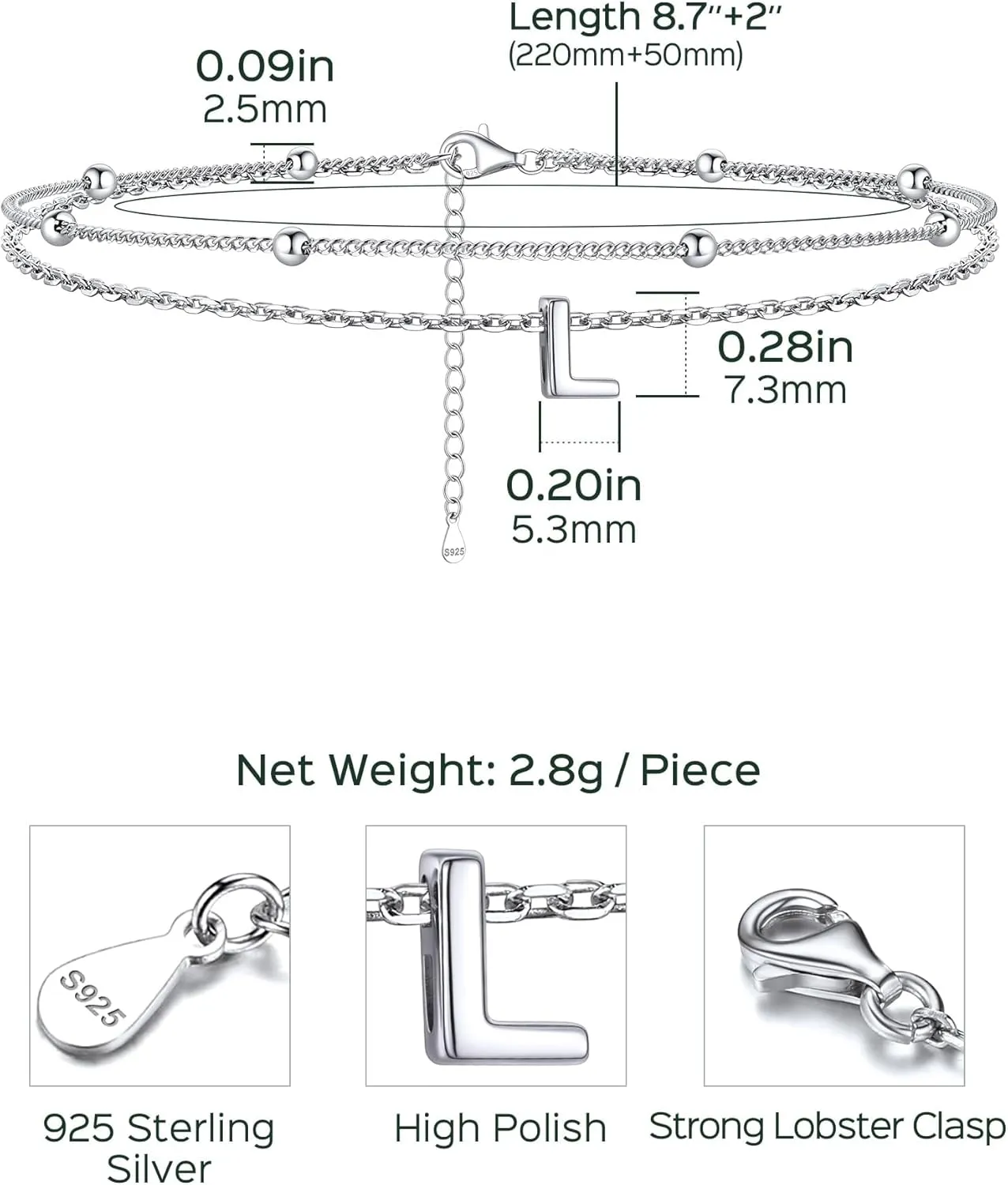 ChicSilver Ankle Bracelets for Women Waterproof, 925 Sterling Silver Initial Anklets for Women, Adjustable Dainty Layered Anklet Beach Jewelry for Women Mom Wife Friend
