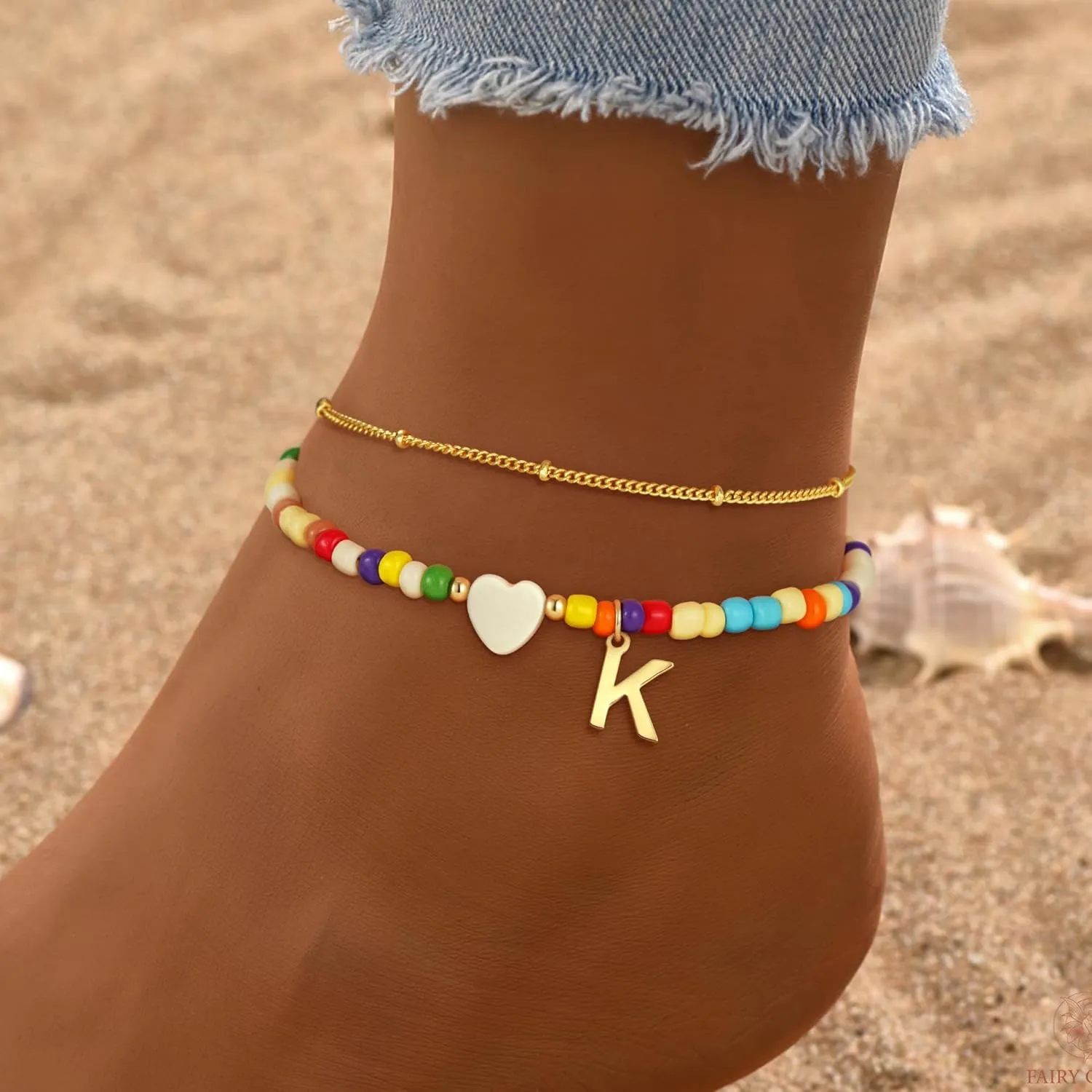 Colorful Initial Ankle Bracelets for Women - 14K Gold Plated Layered Heart Initial Anklets Bracelet Dainty A - Z Letter Ankle Bracelet Colorful Layered Anklet Bracelet for Women
