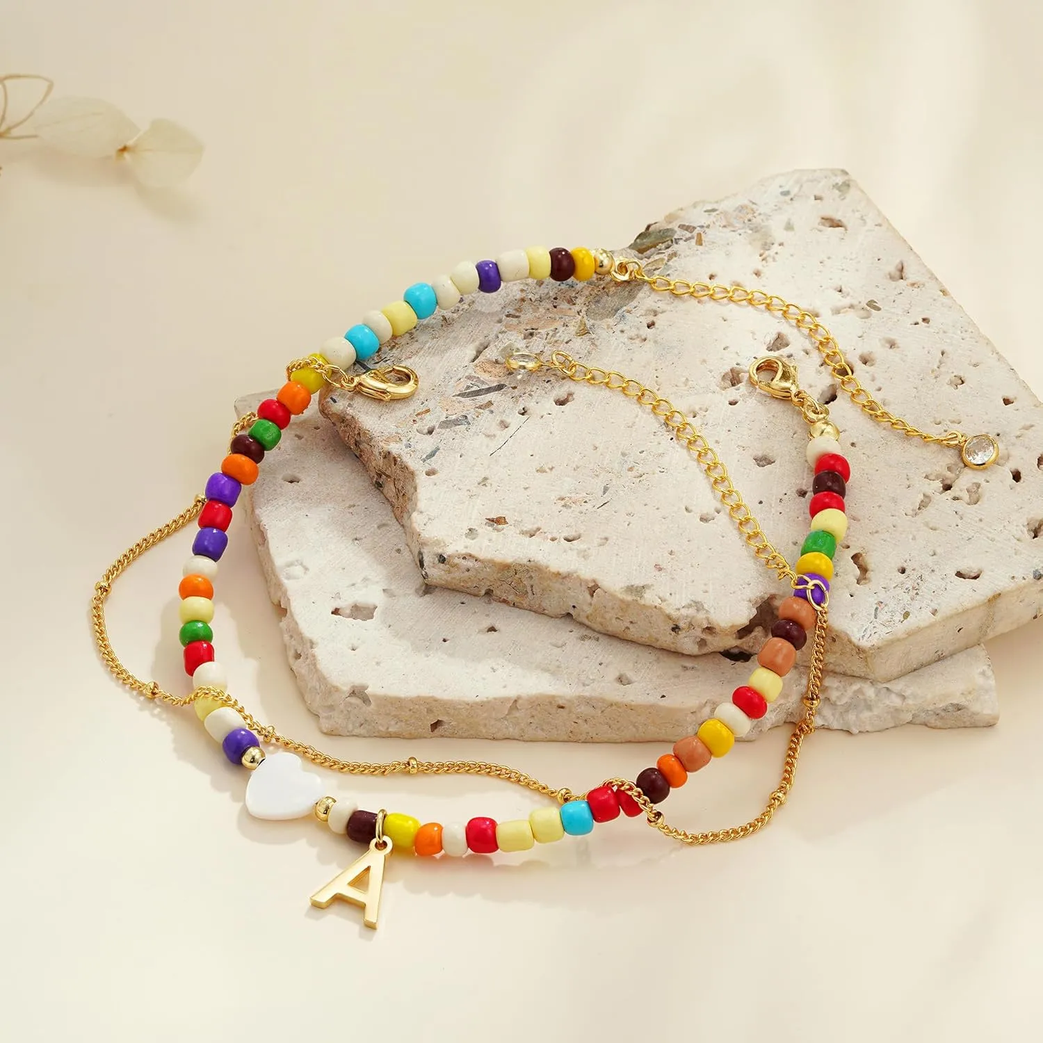 Colorful Initial Ankle Bracelets for Women - 14K Gold Plated Layered Heart Initial Anklets Bracelet Dainty A - Z Letter Ankle Bracelet Colorful Layered Anklet Bracelet for Women