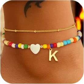 Colorful Initial Ankle Bracelets for Women - 14K Gold Plated Layered Heart Initial Anklets Bracelet Dainty A - Z Letter Ankle Bracelet Colorful Layered Anklet Bracelet for Women