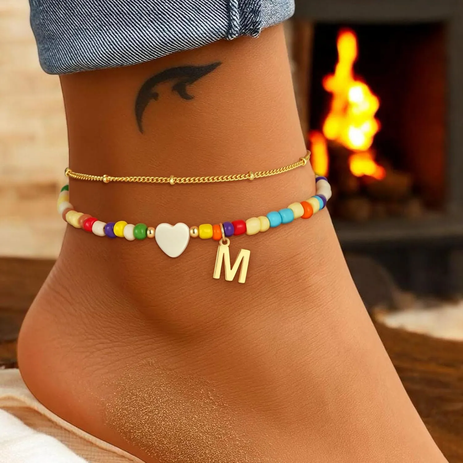 Colorful Initial Ankle Bracelets for Women - 14K Gold Plated Layered Heart Initial Anklets Bracelet Dainty A - Z Letter Ankle Bracelet Colorful Layered Anklet Bracelet for Women