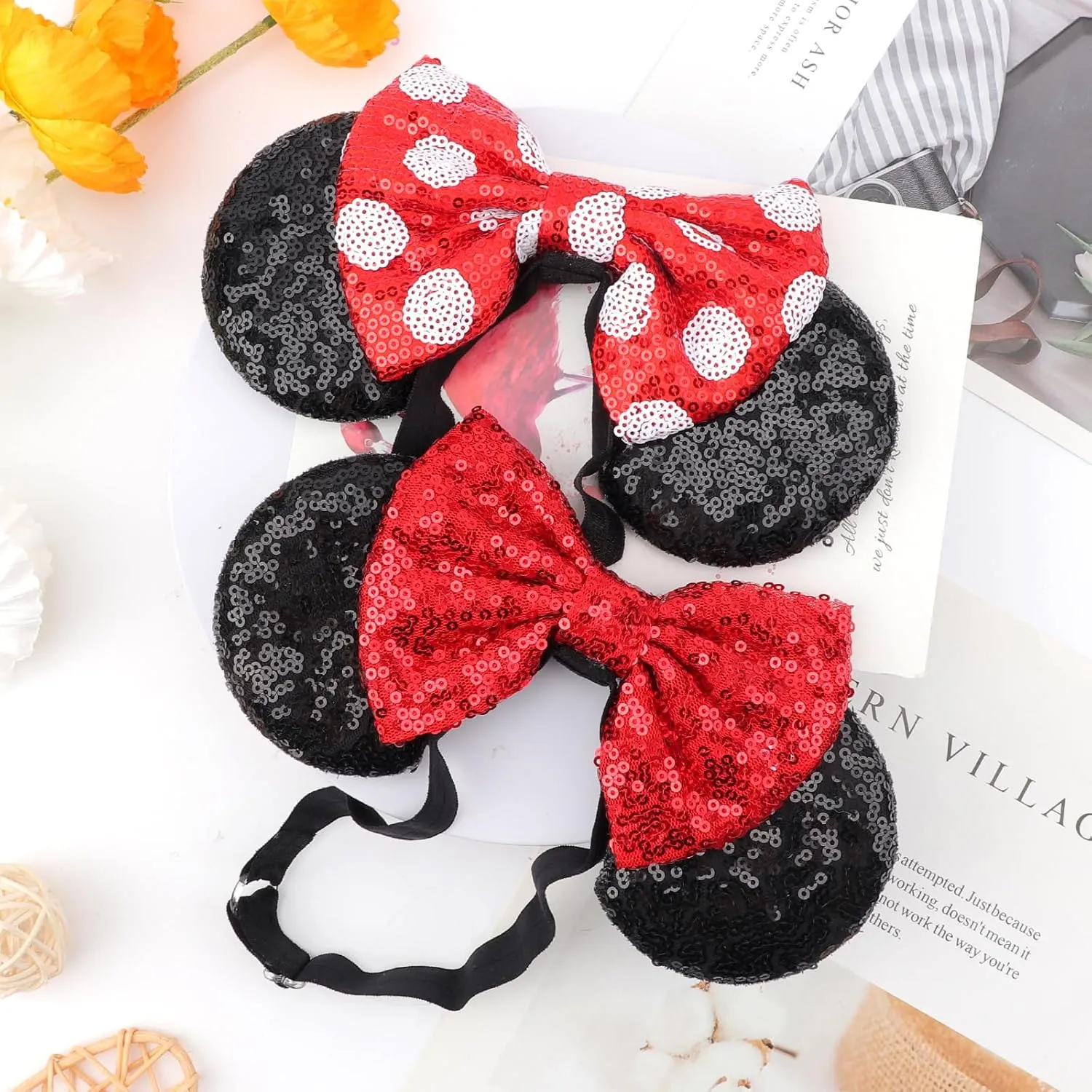 DRESHOW Minnie Ears Headbands Mouse Ears Sequin Bow Headbands Elastic Adjustable Headband Glitter Party Decoration Cosplay Costume for Women Girls