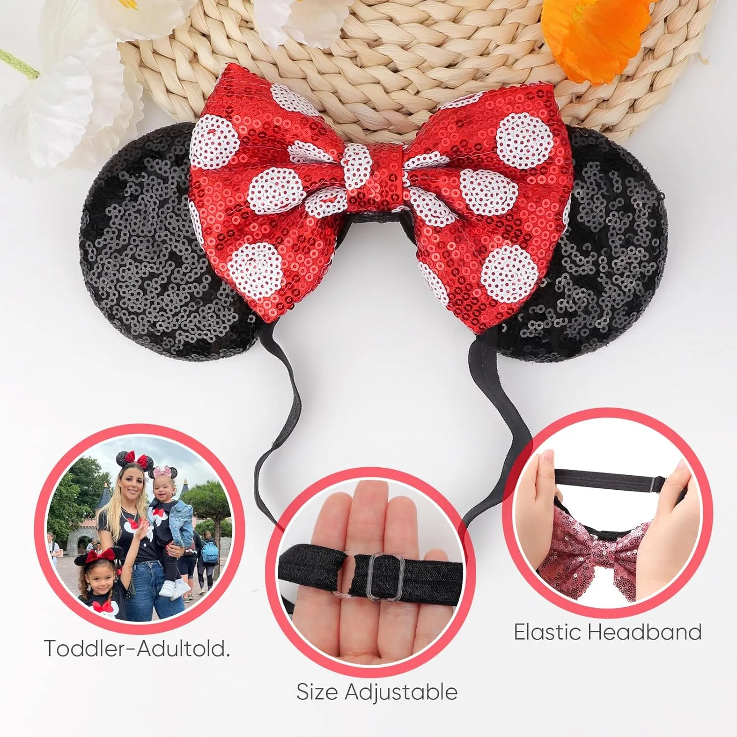 DRESHOW Minnie Ears Headbands Mouse Ears Sequin Bow Headbands Elastic Adjustable Headband Glitter Party Decoration Cosplay Costume for Women Girls