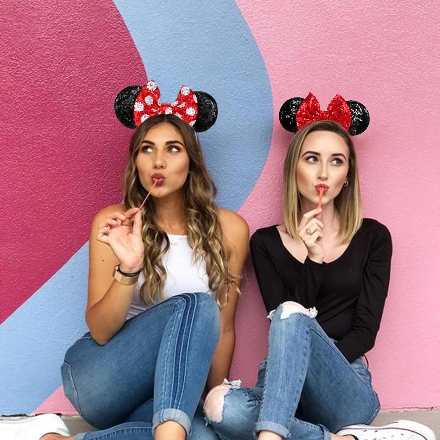 DRESHOW Minnie Ears Headbands Mouse Ears Sequin Bow Headbands Elastic Adjustable Headband Glitter Party Decoration Cosplay Costume for Women Girls