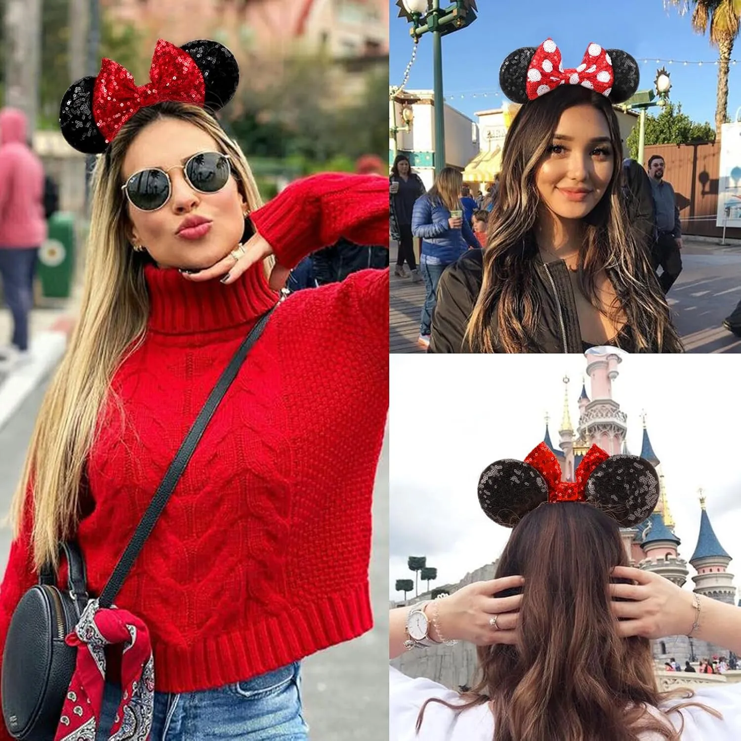 DRESHOW Minnie Ears Headbands Mouse Ears Sequin Bow Headbands Elastic Adjustable Headband Glitter Party Decoration Cosplay Costume for Women Girls