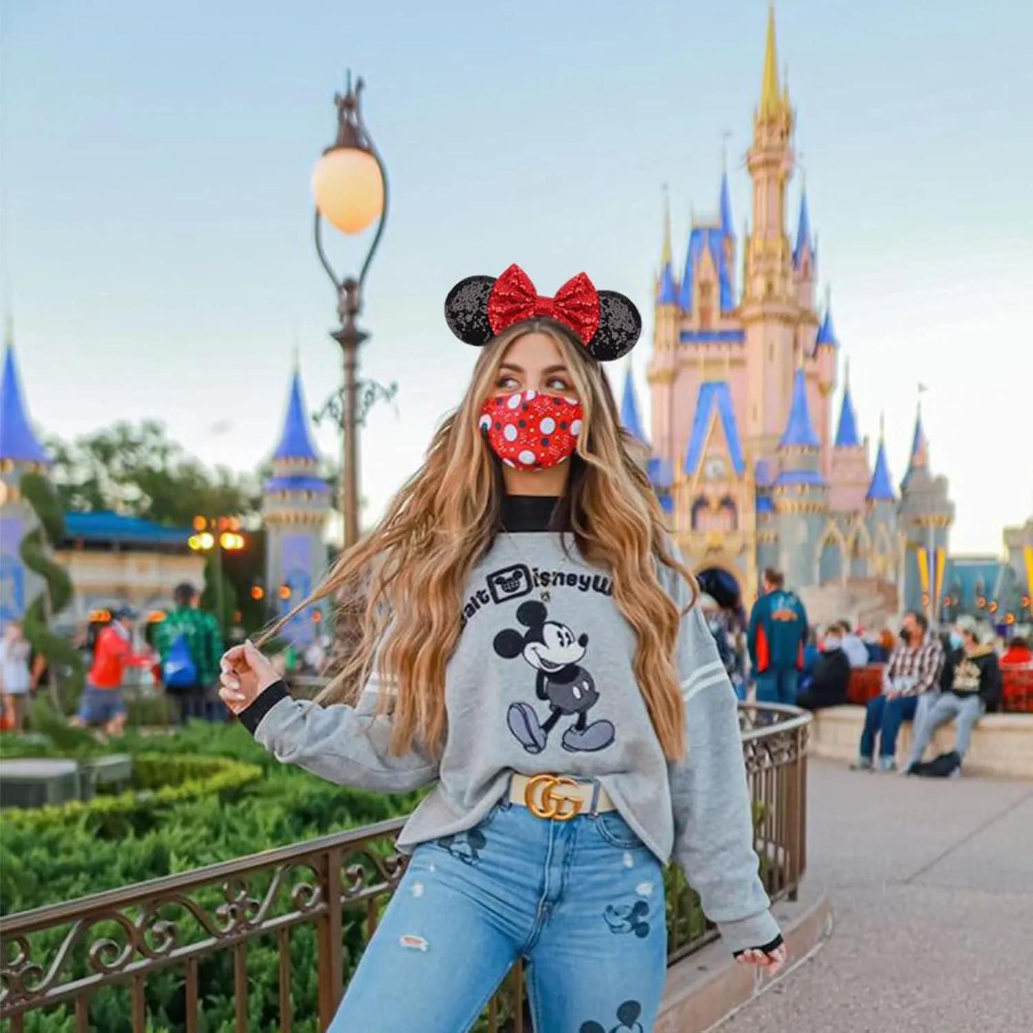 DRESHOW Minnie Ears Headbands Mouse Ears Sequin Bow Headbands Elastic Adjustable Headband Glitter Party Decoration Cosplay Costume for Women Girls