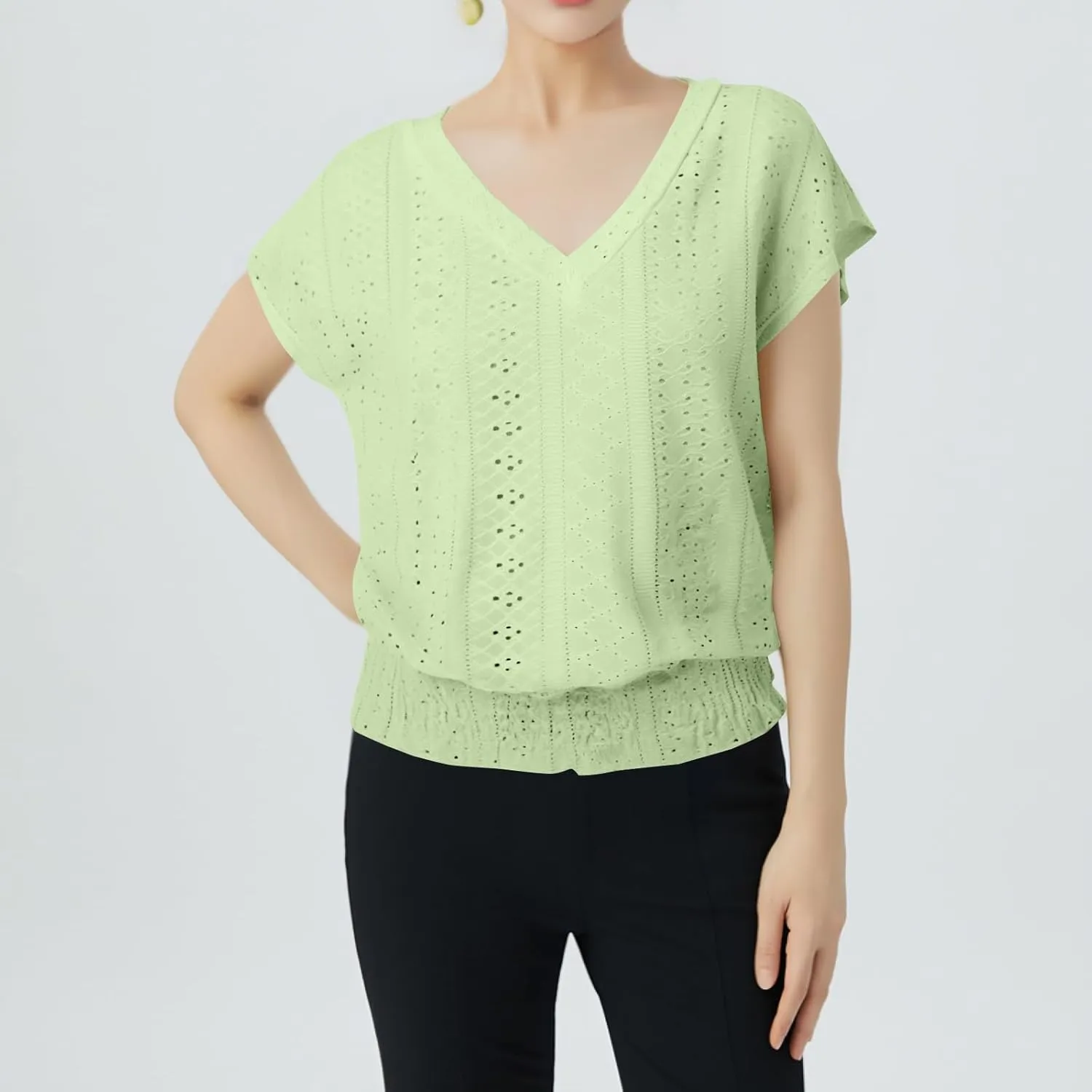 Eyelet Tops for Women Summer V Neck Short Sleeve Shirts Fashion Smocked Waist Crop Tops Casual Plain T Shirts 2025