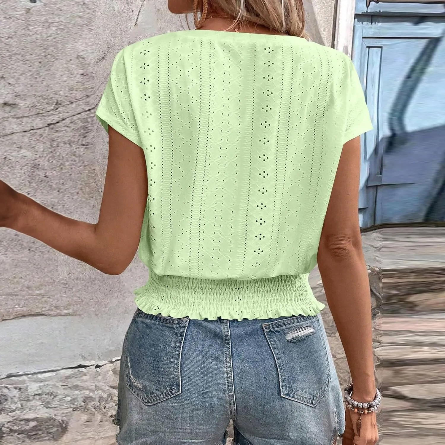 Eyelet Tops for Women Summer V Neck Short Sleeve Shirts Fashion Smocked Waist Crop Tops Casual Plain T Shirts 2025