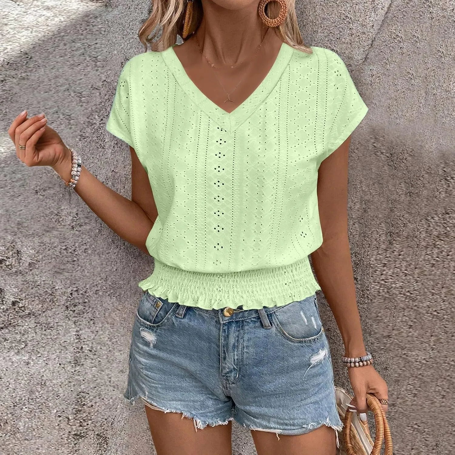 Eyelet Tops for Women Summer V Neck Short Sleeve Shirts Fashion Smocked Waist Crop Tops Casual Plain T Shirts 2025