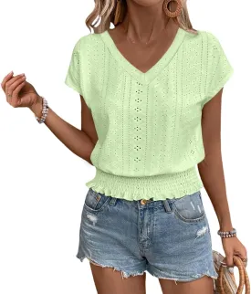 Eyelet Tops for Women Summer V Neck Short Sleeve Shirts Fashion Smocked Waist Crop Tops Casual Plain T Shirts 2025