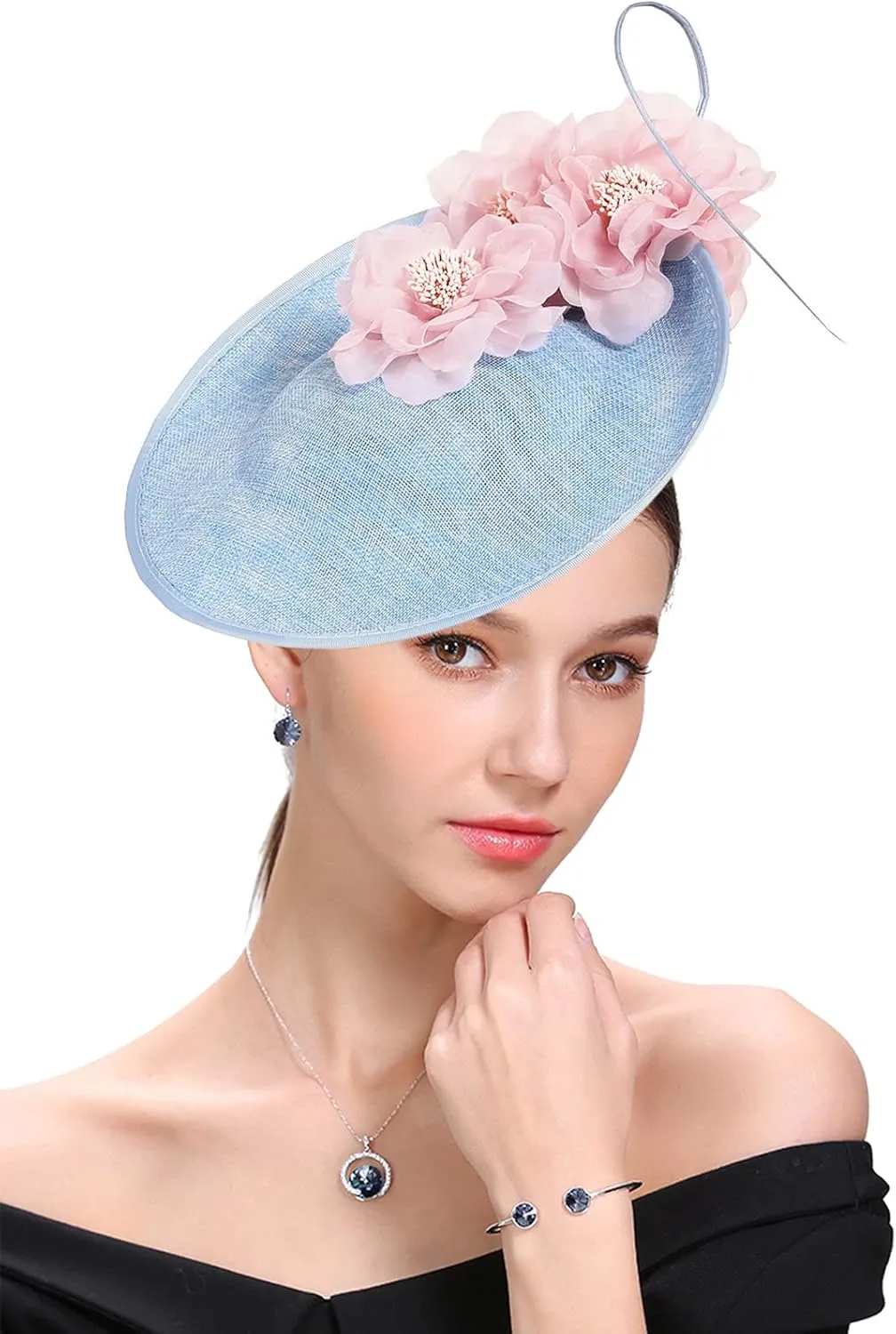 Fascinator Hats for Women Mesh Bow Rhinestone Feather Wedding Tea Party Derby Hat Clip Headband