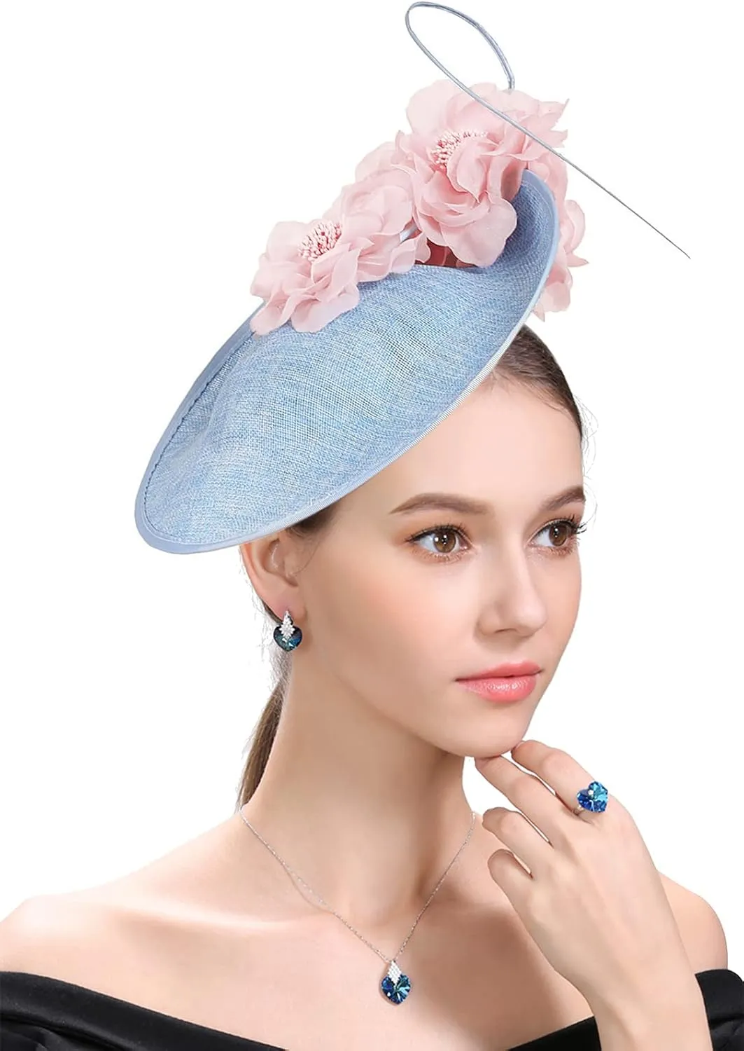 Fascinator Hats for Women Mesh Bow Rhinestone Feather Wedding Tea Party Derby Hat Clip Headband