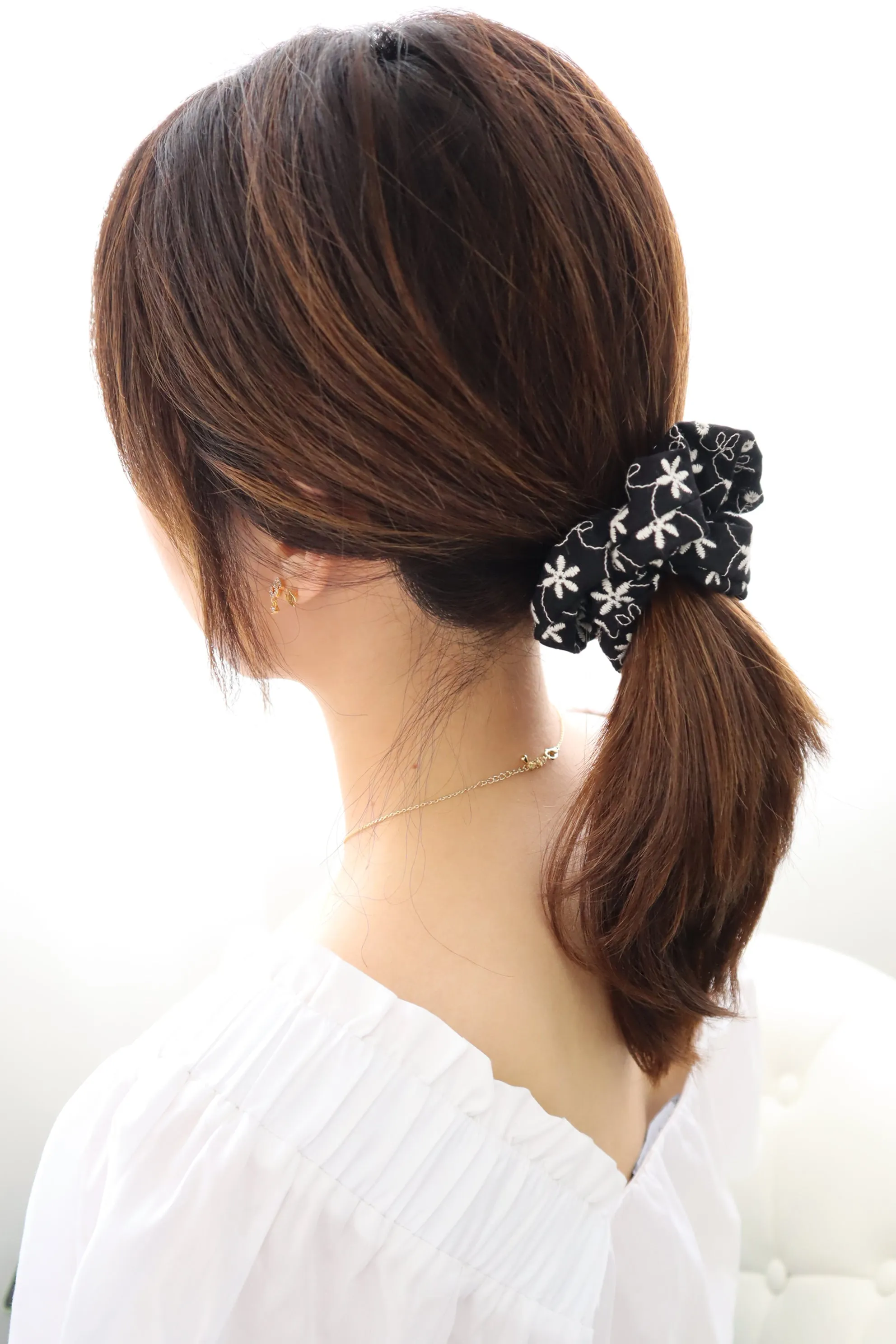 Flower Eyelet Embroidery Pattern Scrunch Hair Tie