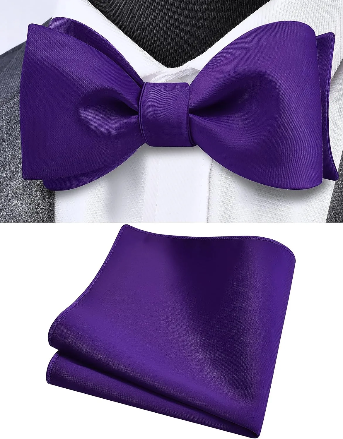 GUSLESON Mens Solid Color Bowties Self Tie Bow Tie Handkerchief for Men Satin Bowtie Pocket Square Set