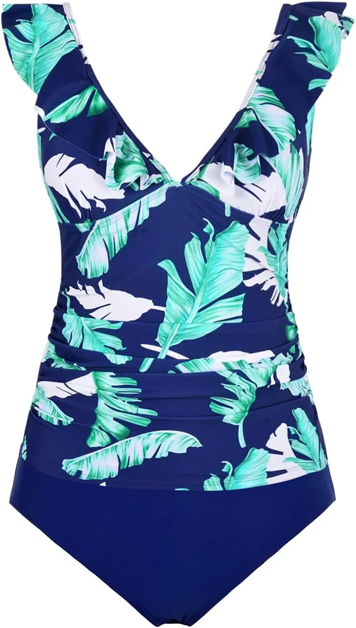 Hilor Women's Tankini Swimsuits Shirred Tummy Control Swimwear Ruffled V Neck Two Piece Bathing Suits