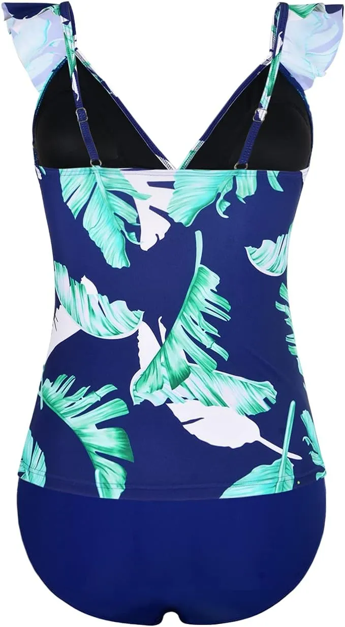 Hilor Women's Tankini Swimsuits Shirred Tummy Control Swimwear Ruffled V Neck Two Piece Bathing Suits