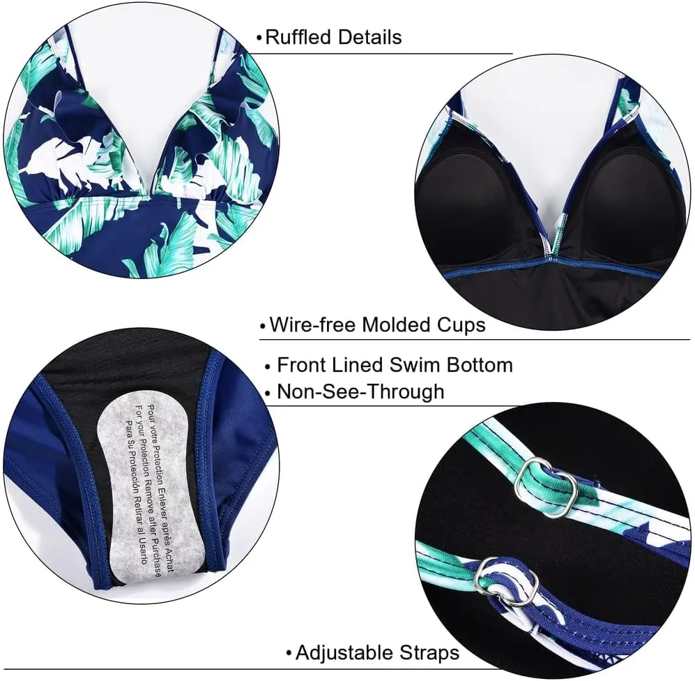 Hilor Women's Tankini Swimsuits Shirred Tummy Control Swimwear Ruffled V Neck Two Piece Bathing Suits
