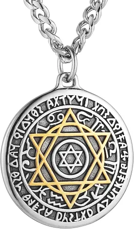HZMAN Seal of Solomon Necklace for Men Stainless Steel Retro Hexagram Necklace Talisman Pendant Jewelry Gift