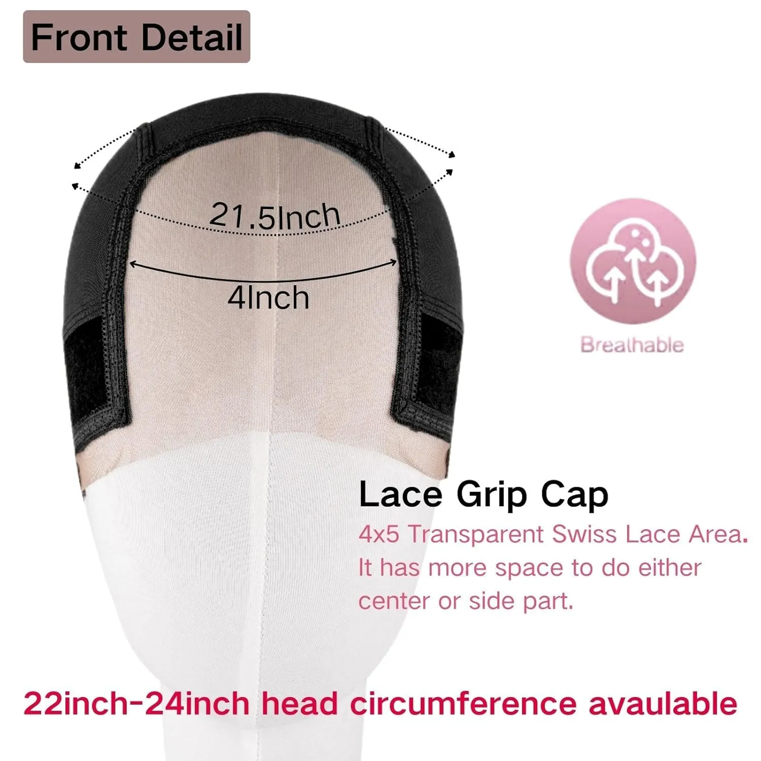 Lace Wig Grip Cap Women: 4x5 Transparent Swiss Lace Front - Non-slip Wig Gripper for Keeping Wigs In Place - Adjustable Elastic Headband with Velcro Black Net