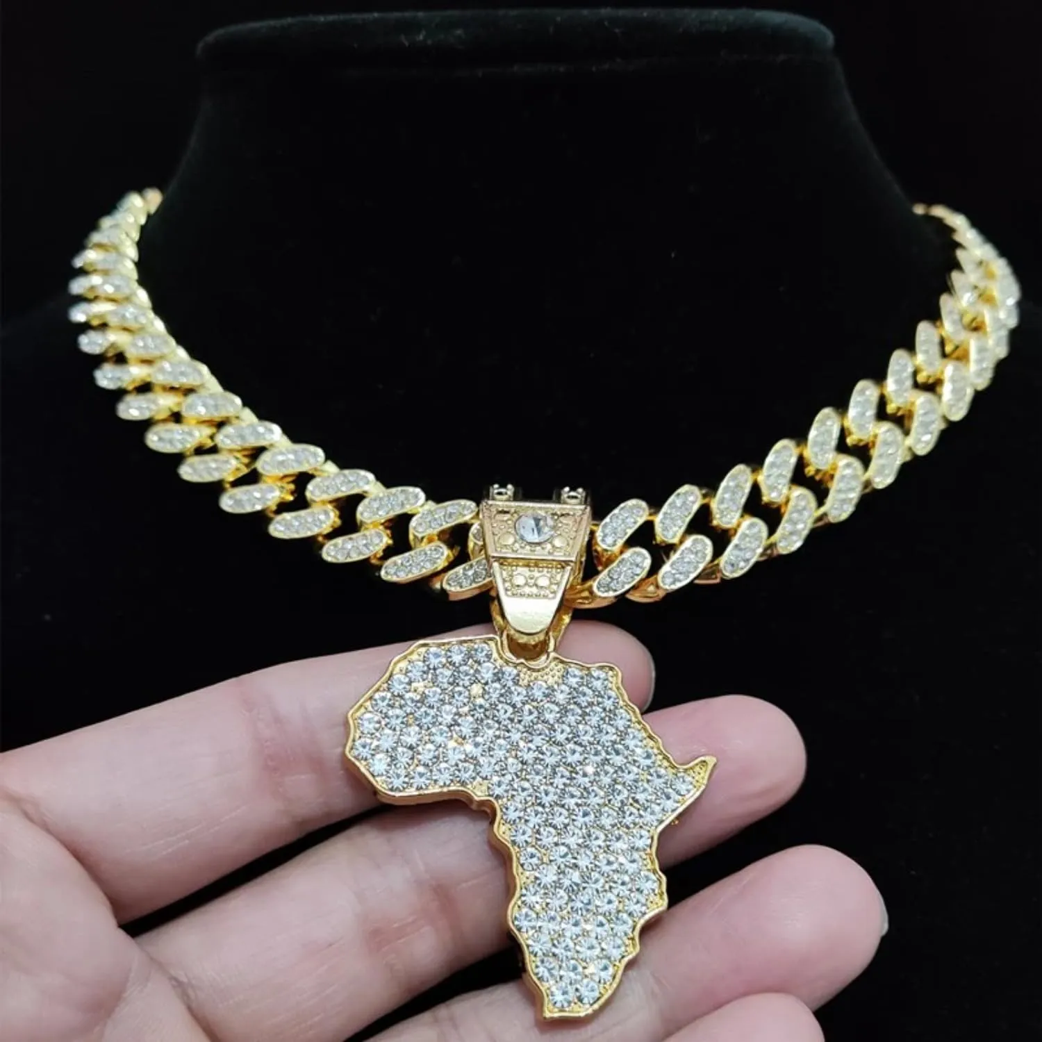 Map of Africa Chain Iced Out Pendant, Iced Out Pendants for Men and Women, Iced Out Chain Map of Africa, Africa Bling Chain Pendant Necklace Chain width 13mm Cuban Chain
