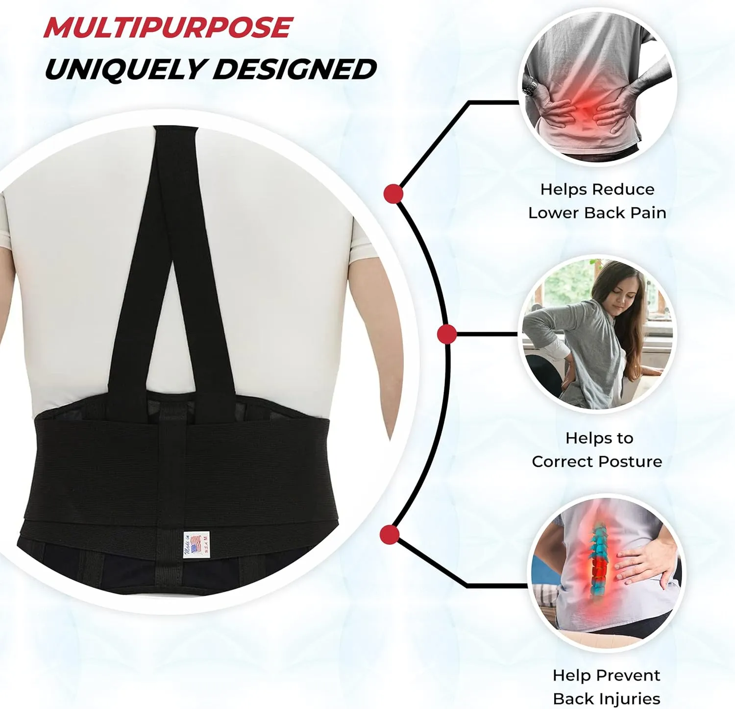 MAXAR Industrial Back Brace for Work, Adjustable Double Pull & Removable Suspenders/Straps, Ideal for Lumbosacral Back Pain Relief & Heavy Lifting, 8" Wide, Unisex (Black, Large)