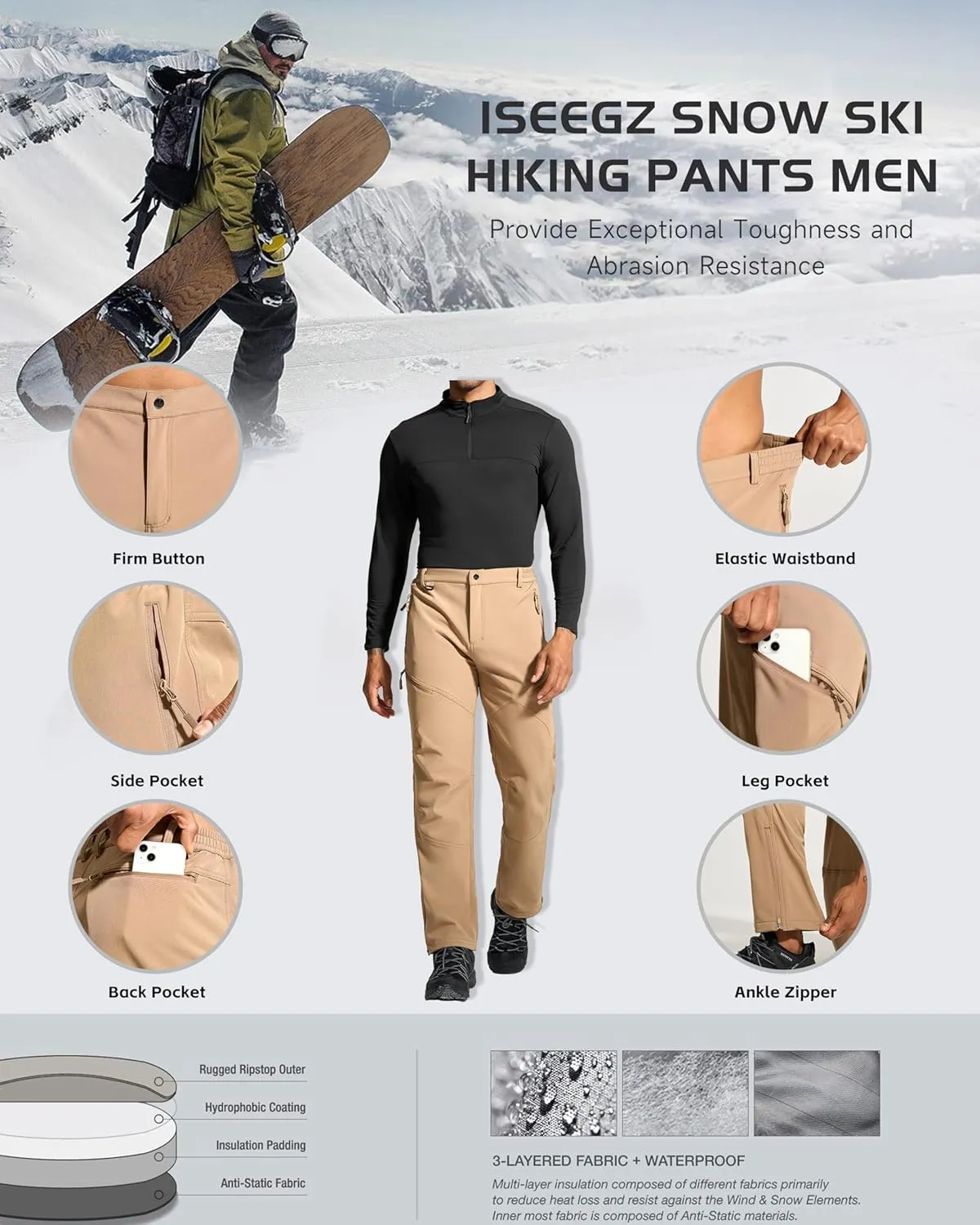 Mens Snow Ski Hiking Pants Winter Fleece Lined Outdoor Waterproof Insulated Zipper Bottom Leg