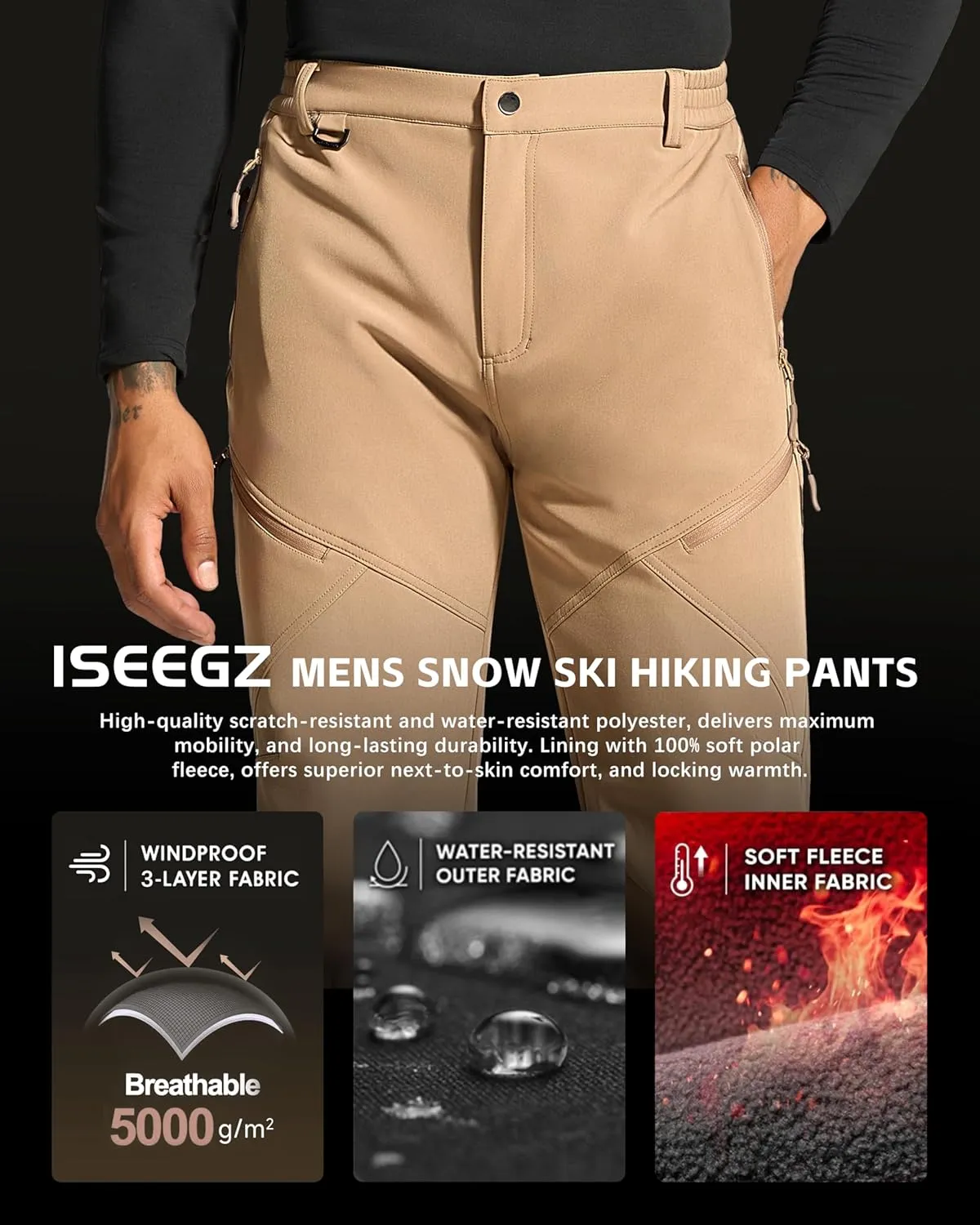 Mens Snow Ski Hiking Pants Winter Fleece Lined Outdoor Waterproof Insulated Zipper Bottom Leg