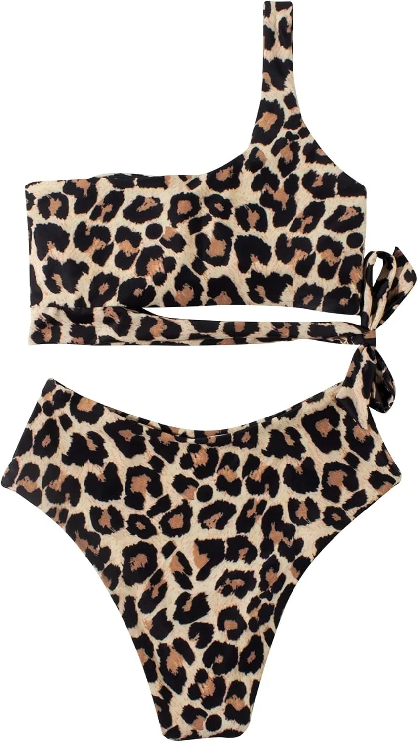 MOOSLOVER Women One Shoulder High Waisted Bikini Tie High Cut Two Piece Swimsuits